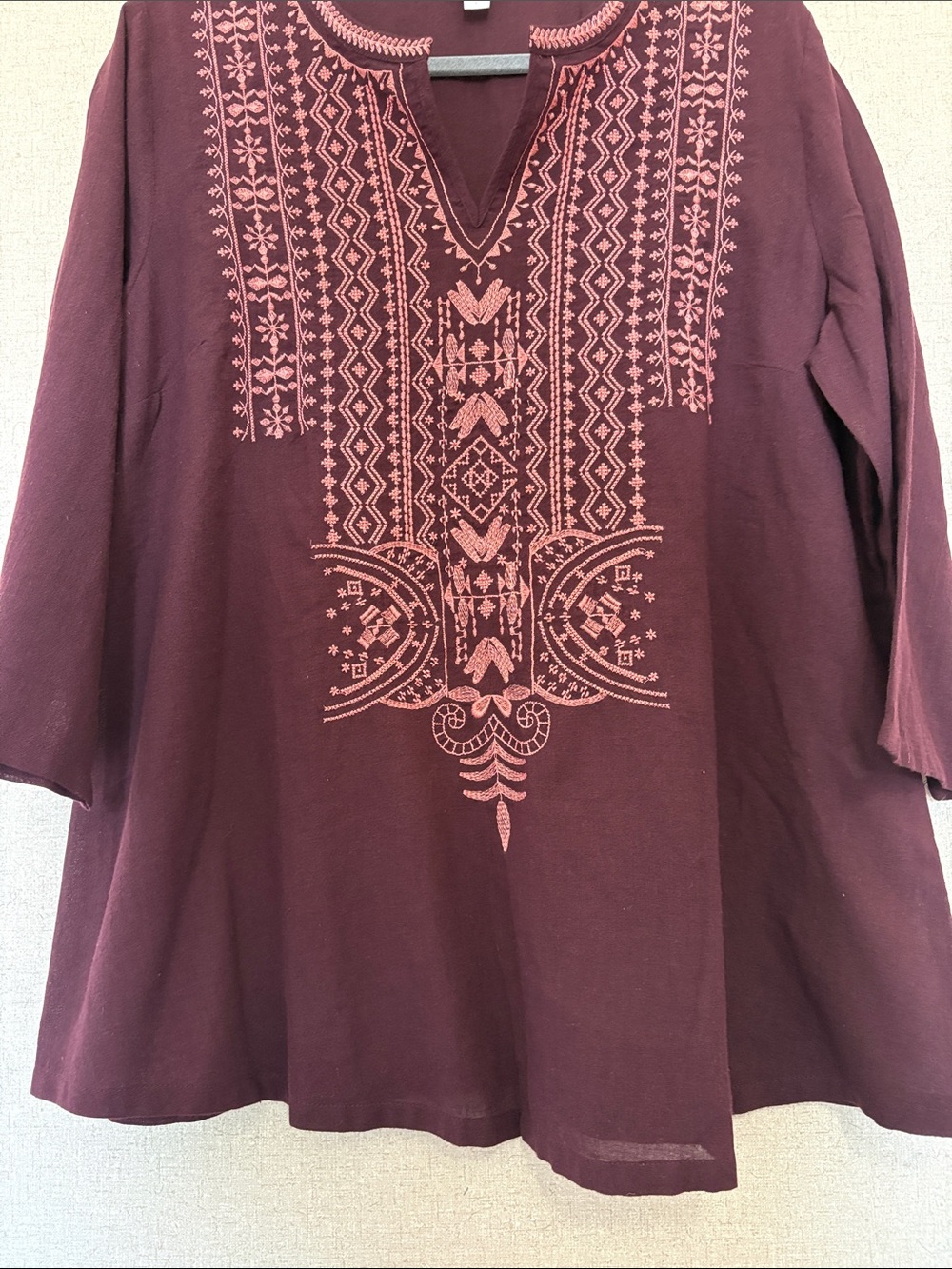 Pure Jill Embroidered Pullover Tunic 3/4 Sleeve Plum Sz L Cotton Boho Peasant - Picture 9 of 12